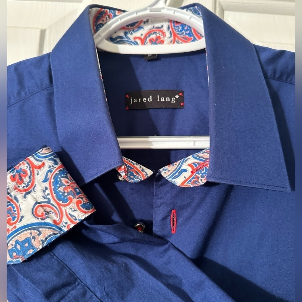 JARED LANG Md Preppy Blue Dress Shirt Paisley Contrast Flip Cuff Collar Slim Fit